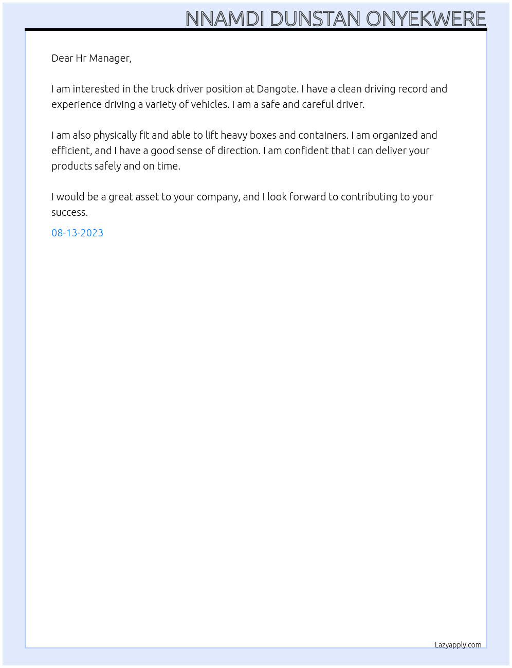 Truck Driver At Dangote Cover Letter