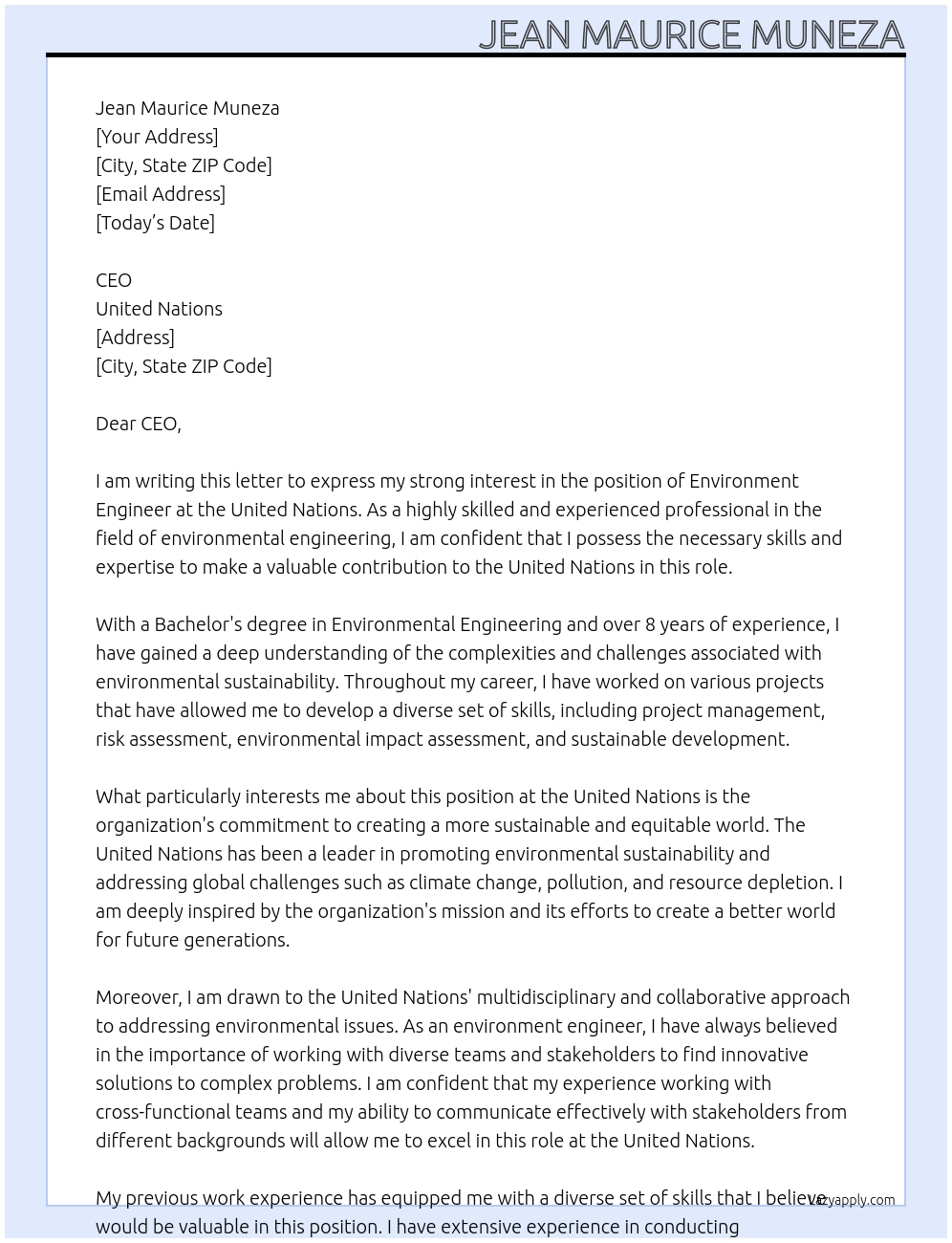 Environment engineer  At United Nations Cover Letter
