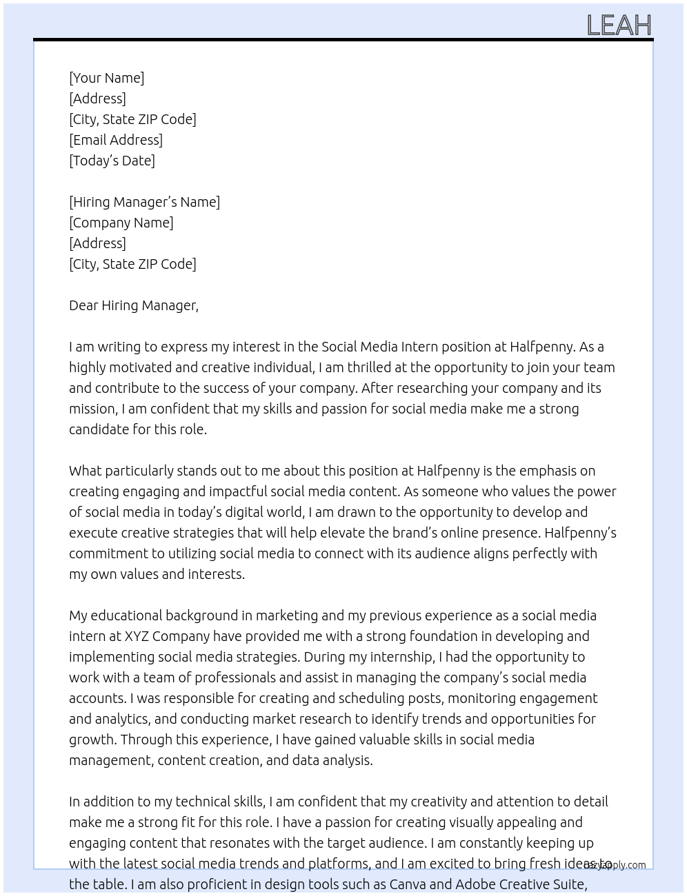 Social Media Intern At Halfpenny Cover Letter