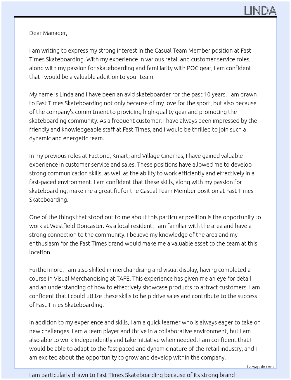 Casual Team Member At Fast Times Skateboarding Cover Letter