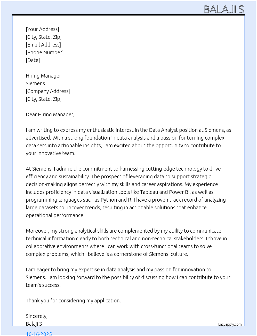 Data Analyst At Siemans Cover Letter