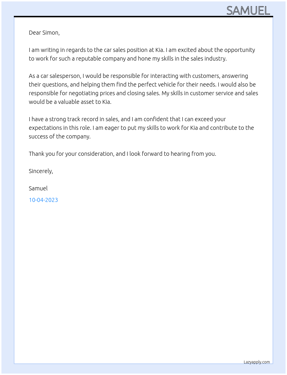 Car Sales  At Kia Cover Letter