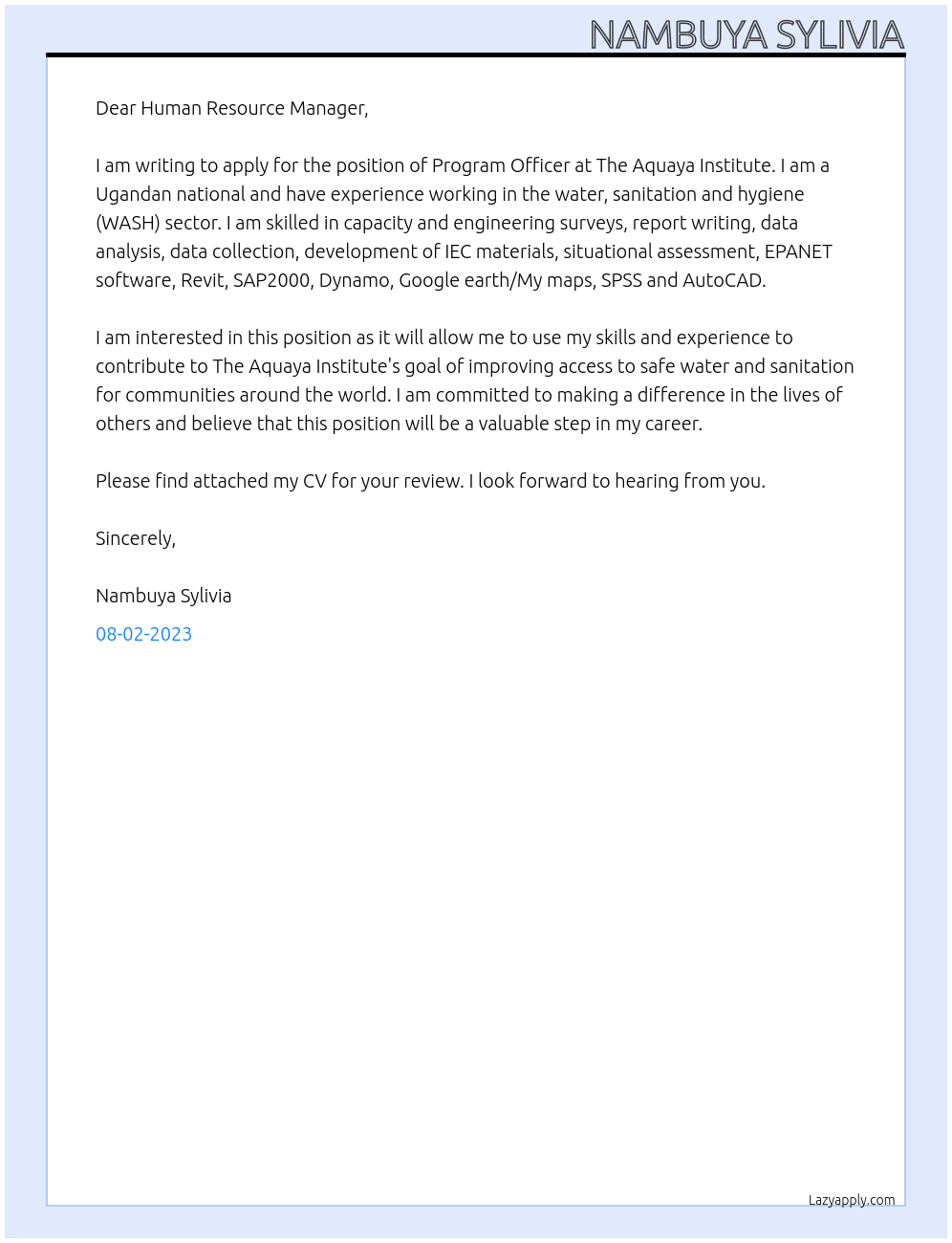 Program Officer At The Aquaya Institute Cover Letter