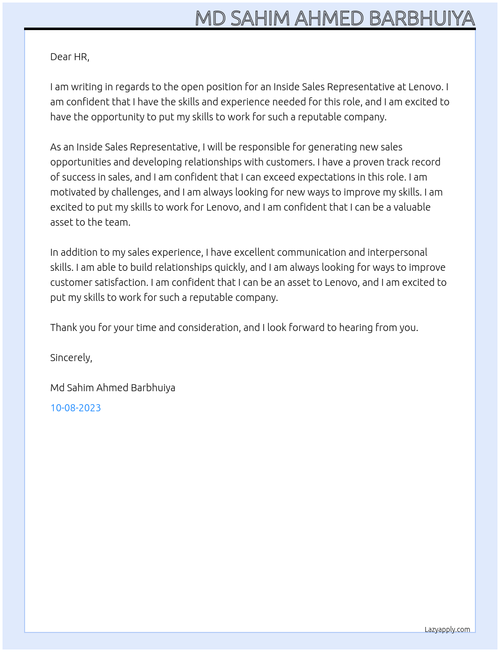 Inside Sales Representative At Lenovo Cover Letter