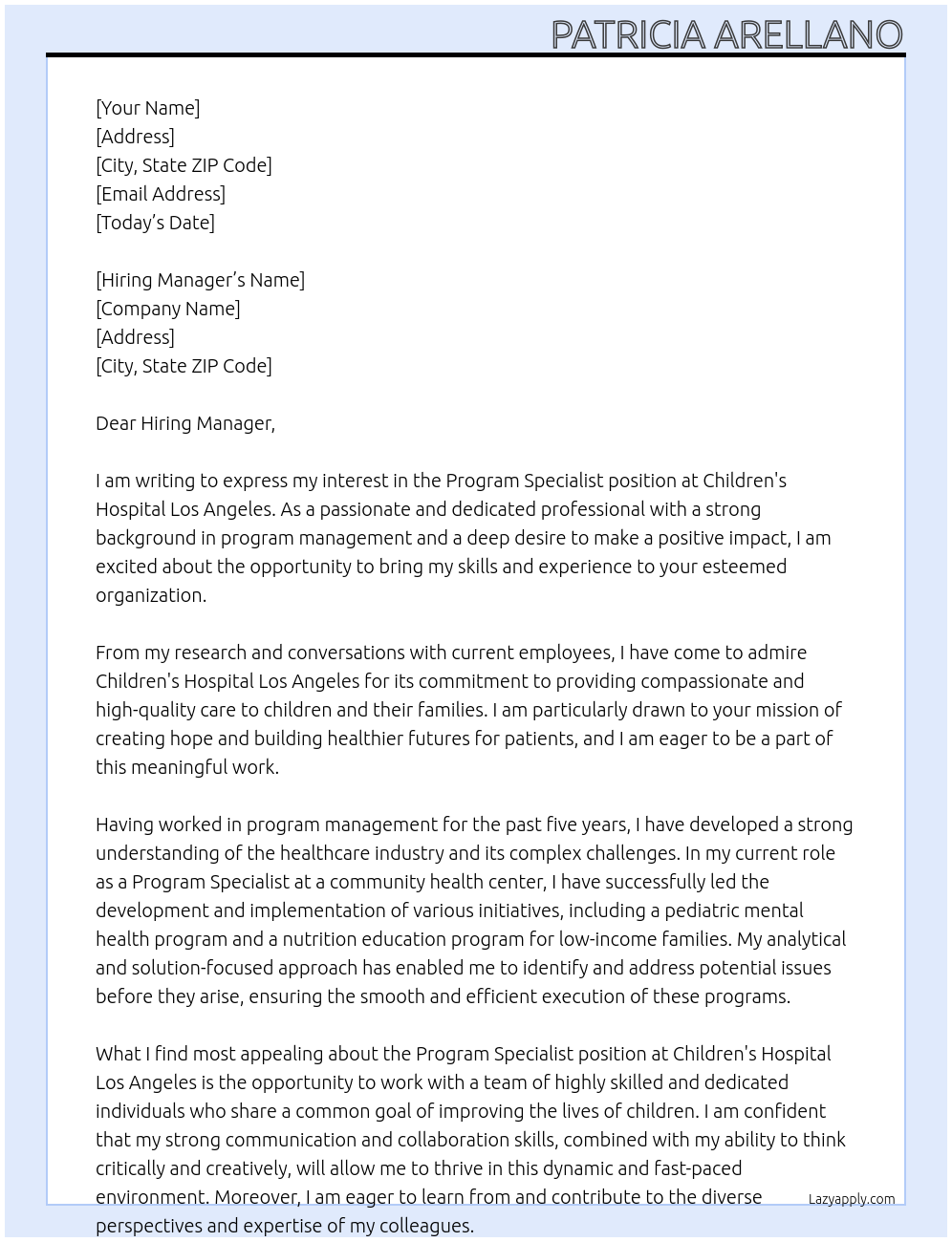 Program Specialist At Children's Hospital Los Angeles Cover Letter