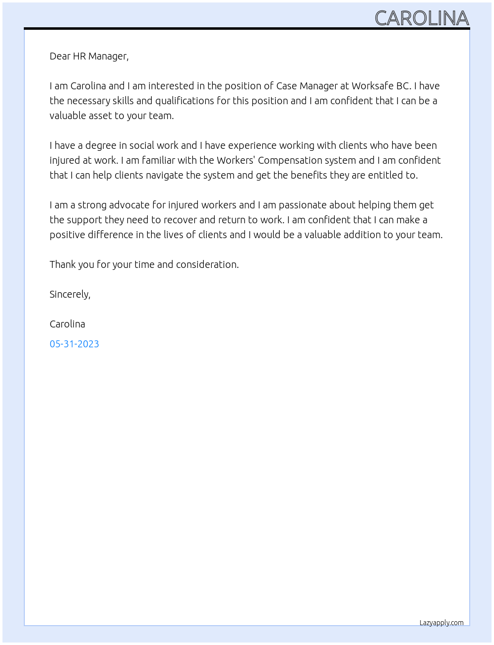 Case Manager At Worksafe BC Cover Letter