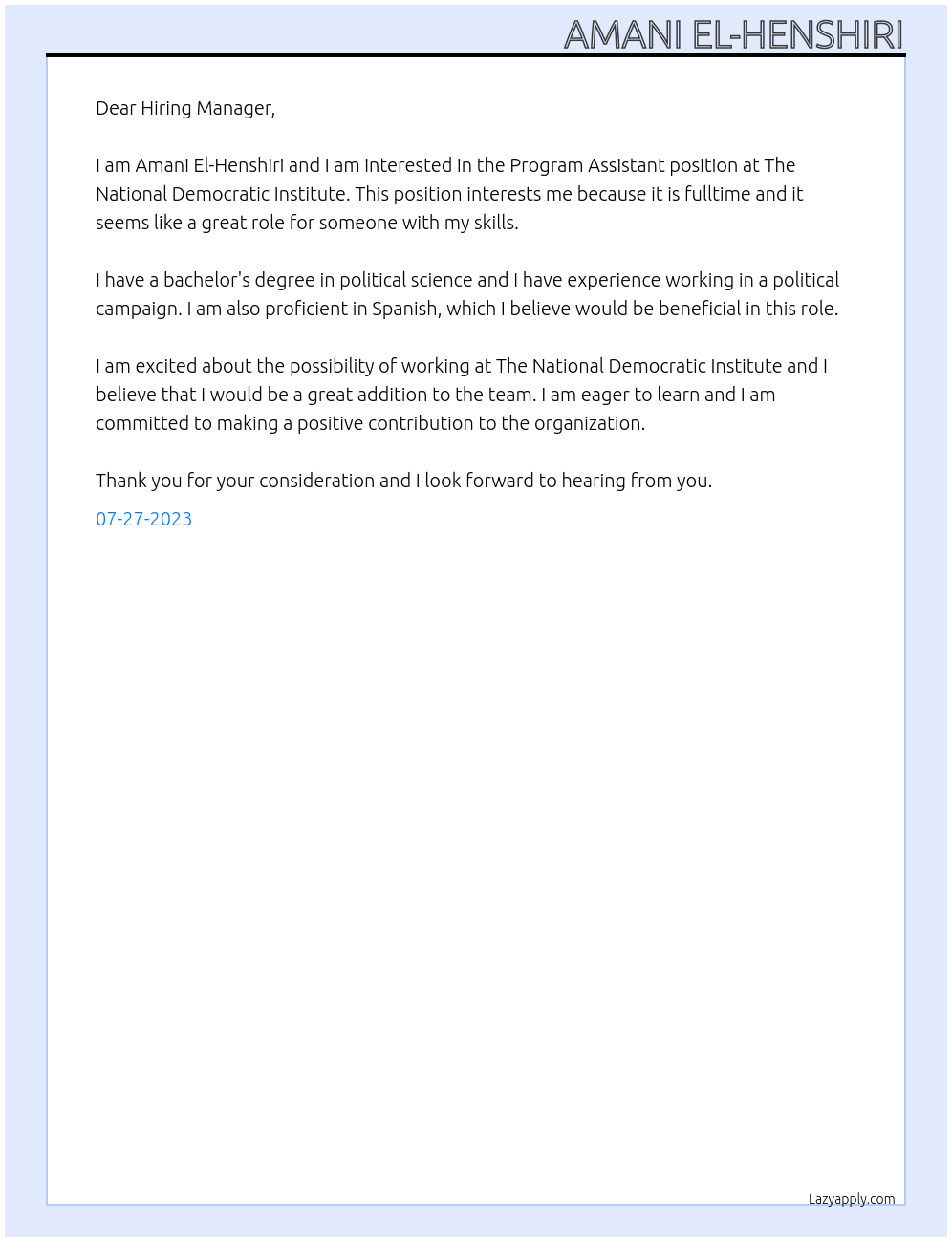 program assistant At The National Democratic Institute Cover Letter