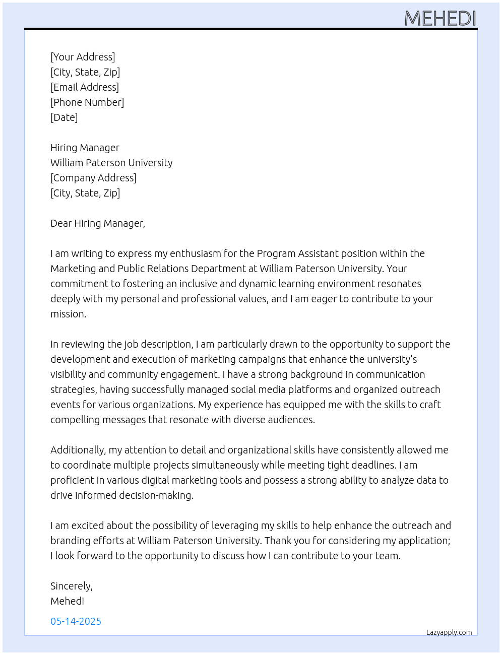 Cover letter for program assistant for marketing and public relations department - LazyApply