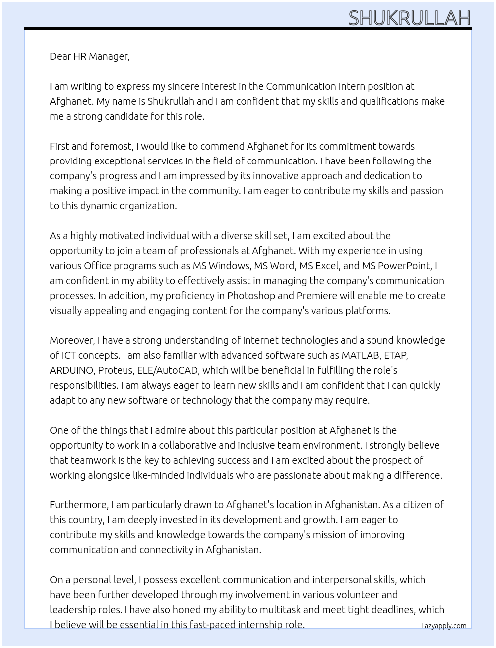 Communication Intern At Afghanet Cover Letter