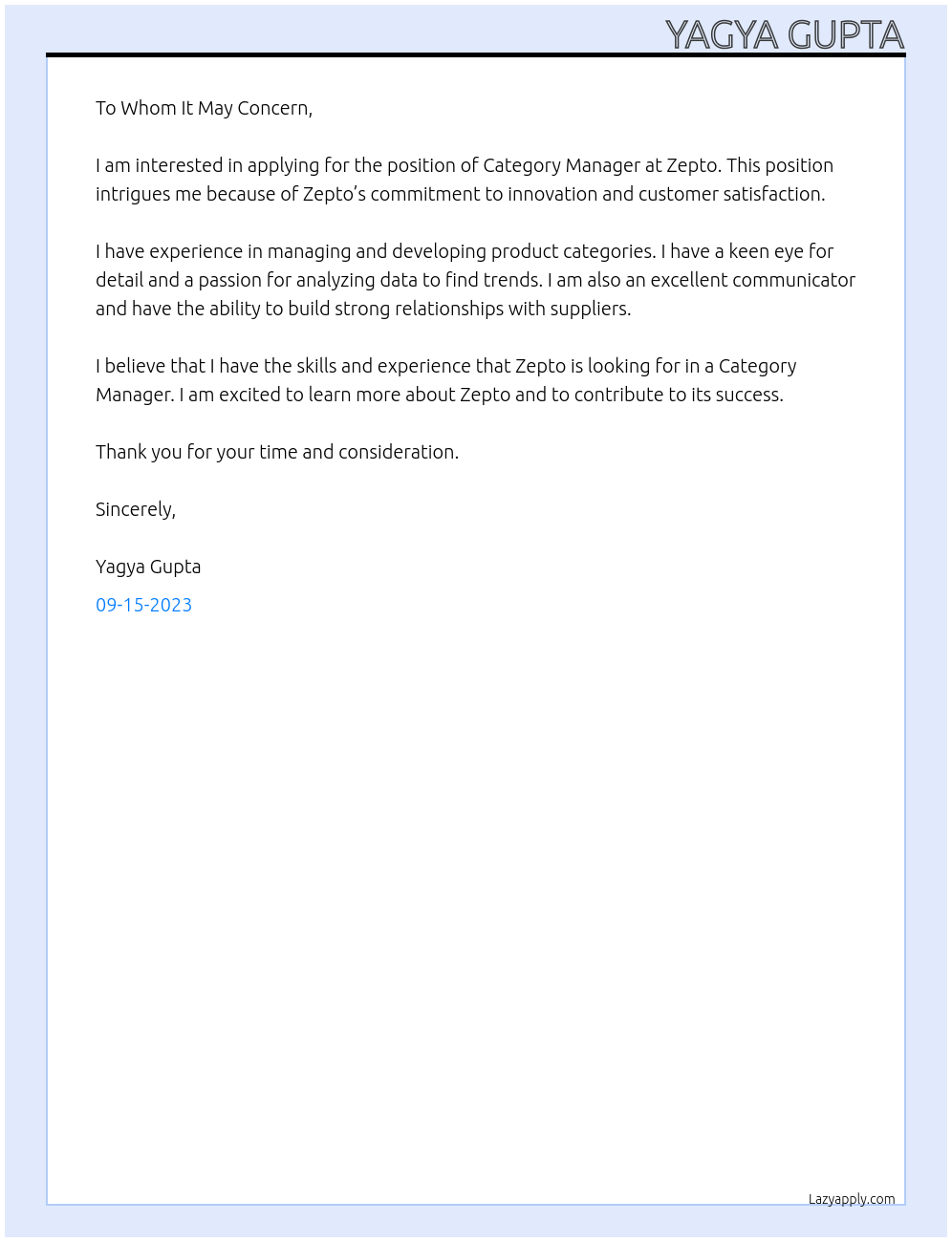 Category manager  At Zepto Cover Letter