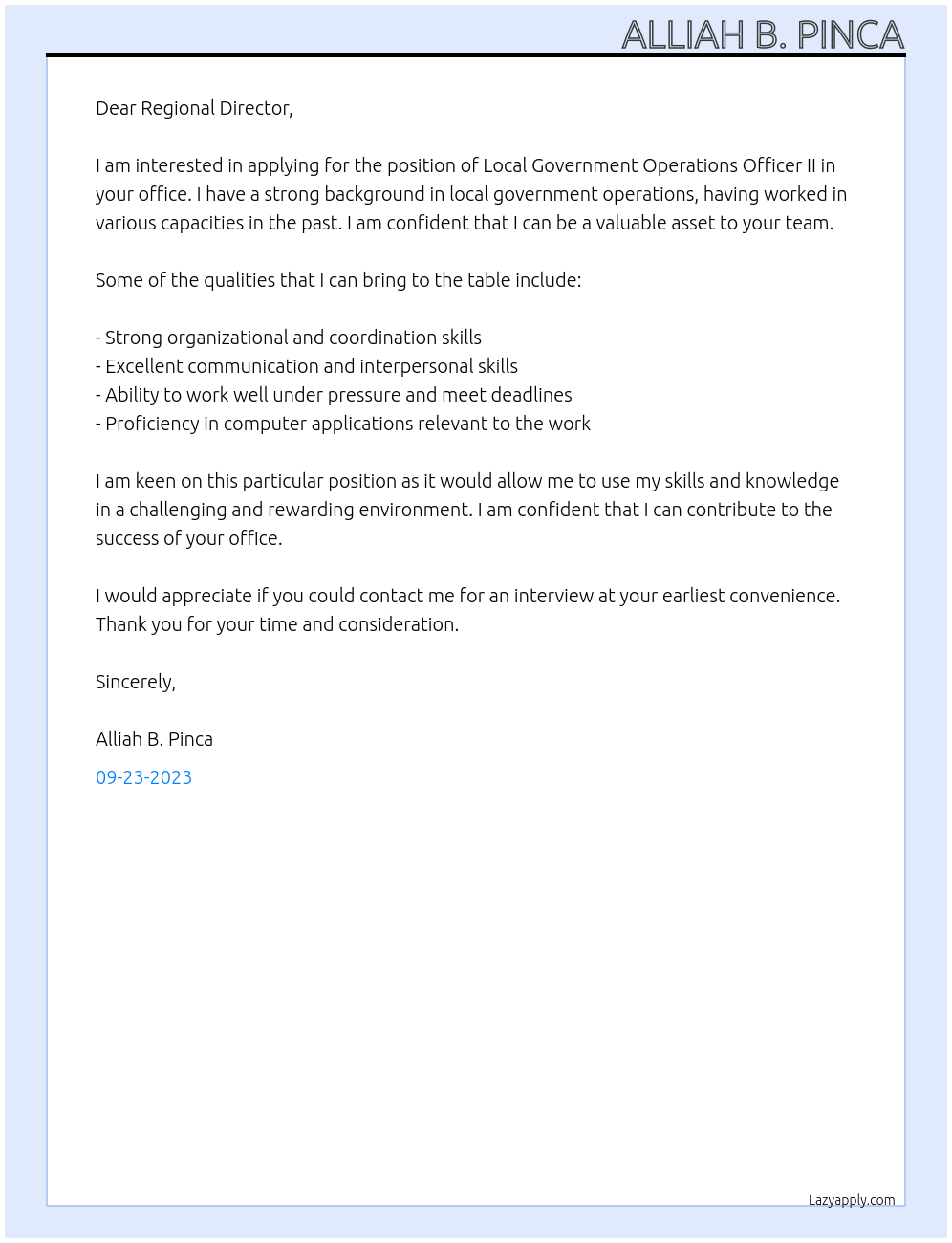 Local Government Operations Officer II  At Department of the Interior and Local Government Cover Letter