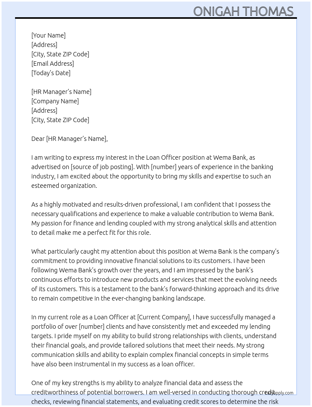 Loan officer At Wema bank Cover Letter