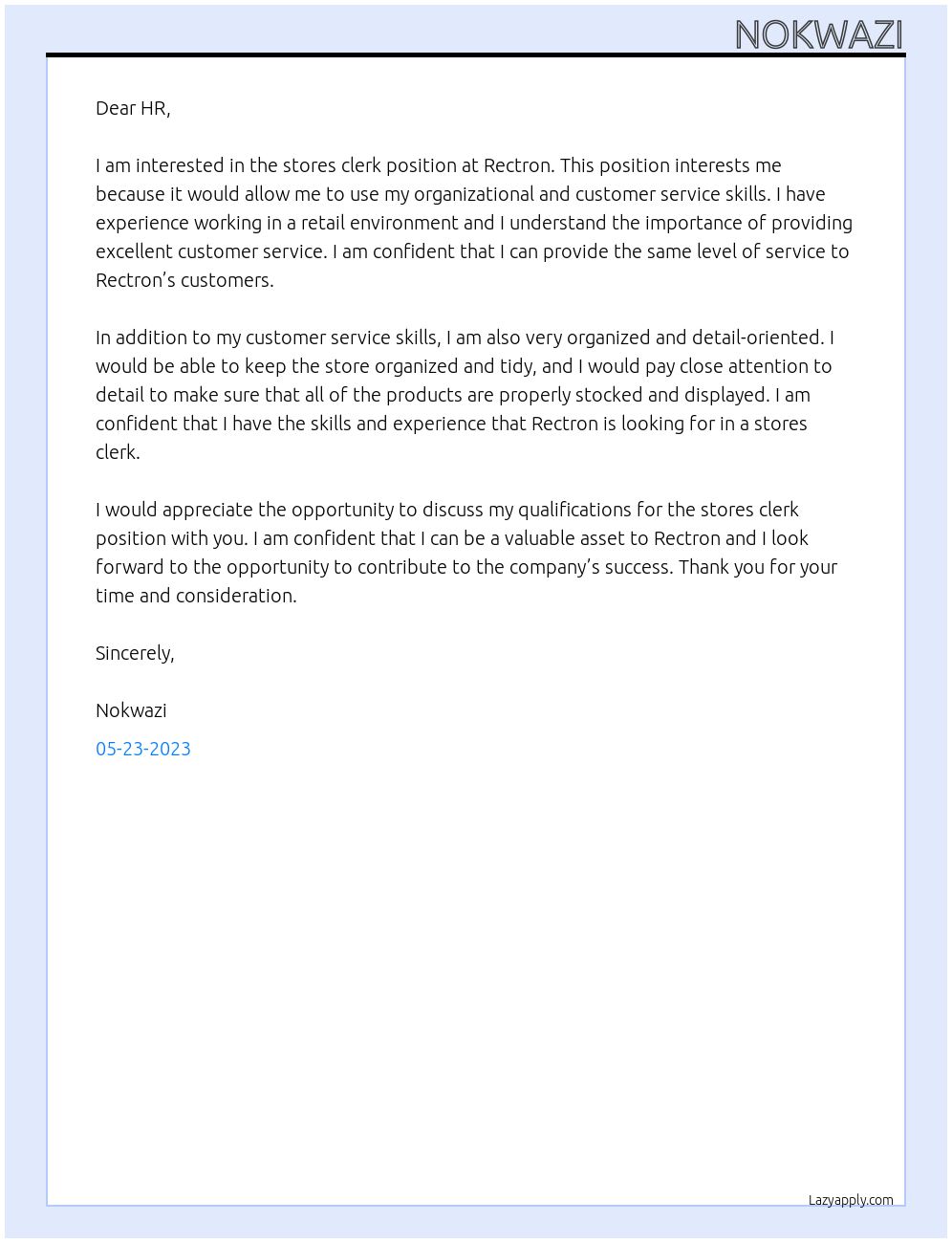 stores clerk At rectron Cover Letter