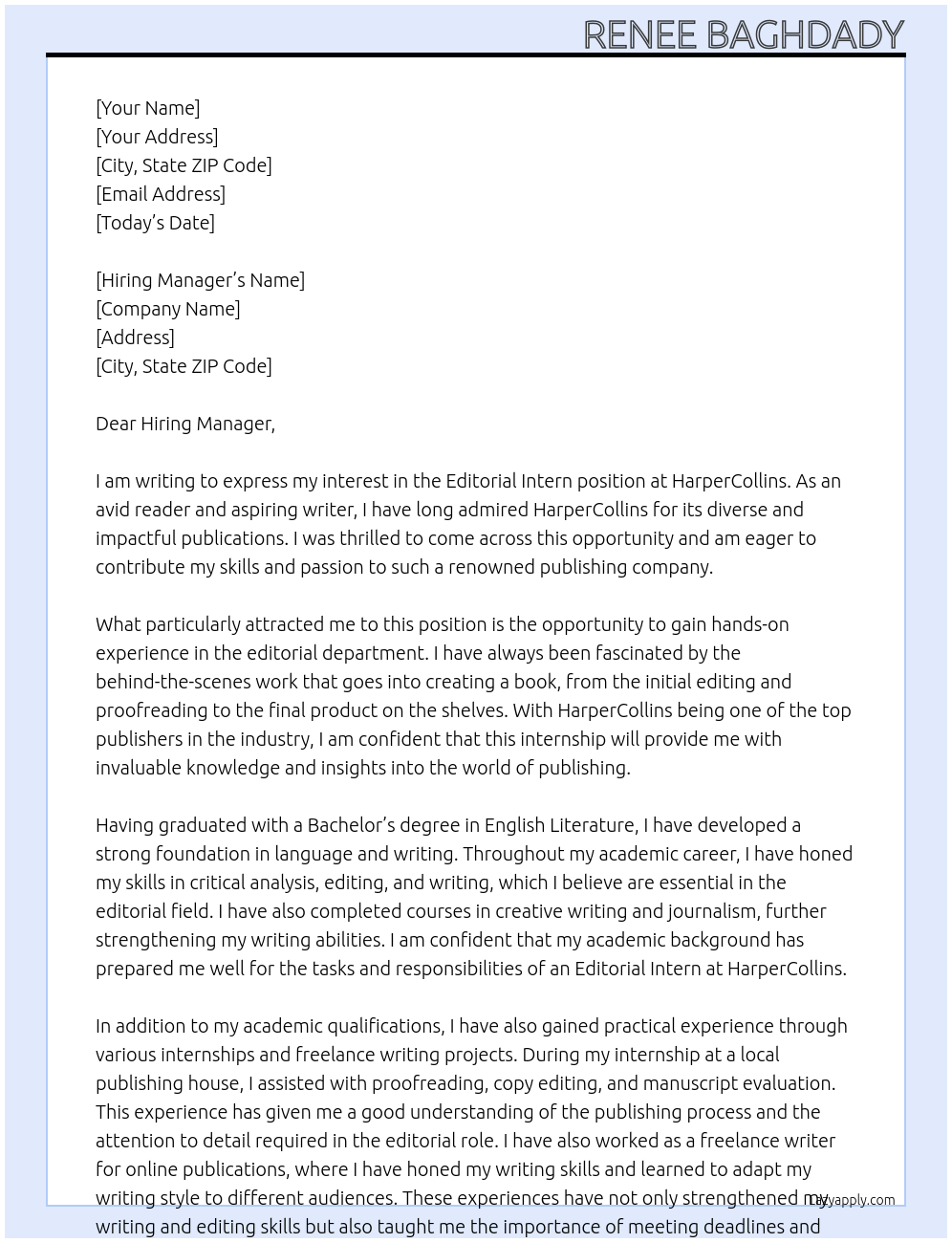 Editorial Intern At HarperCollins Cover Letter