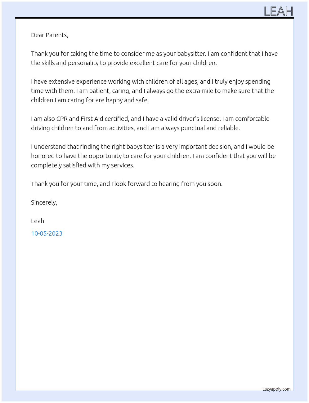 babysitter  At care.com Cover Letter