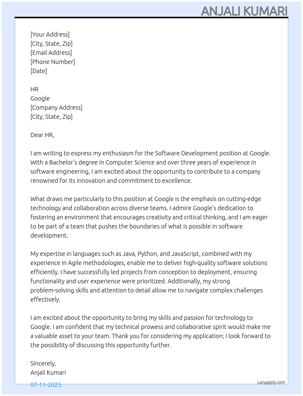 software development At Google Cover Letter