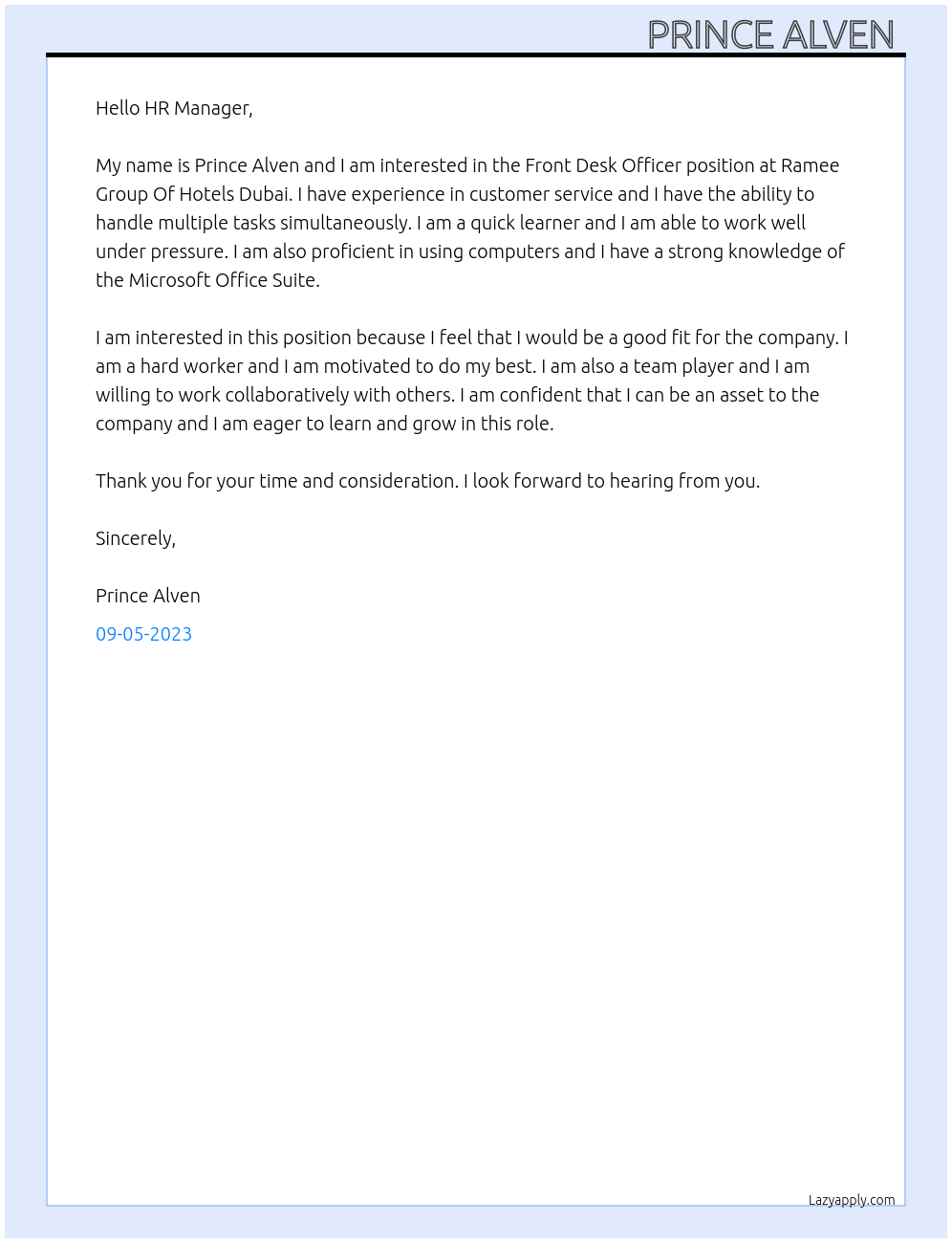 Front Desk Officer At Ramee Group Of Hotels Dubai Cover Letter