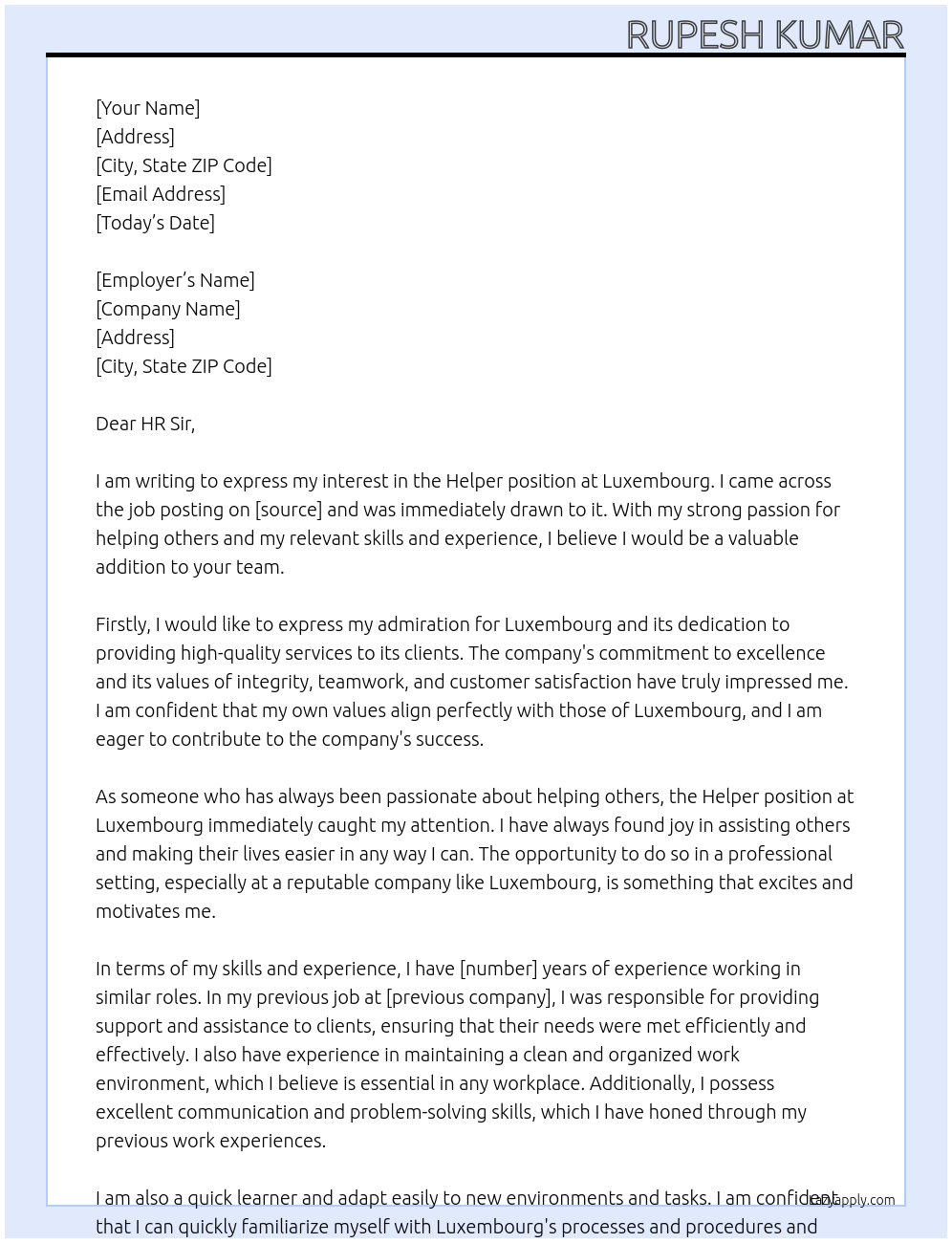 Helper  At Luxembourg Cover Letter