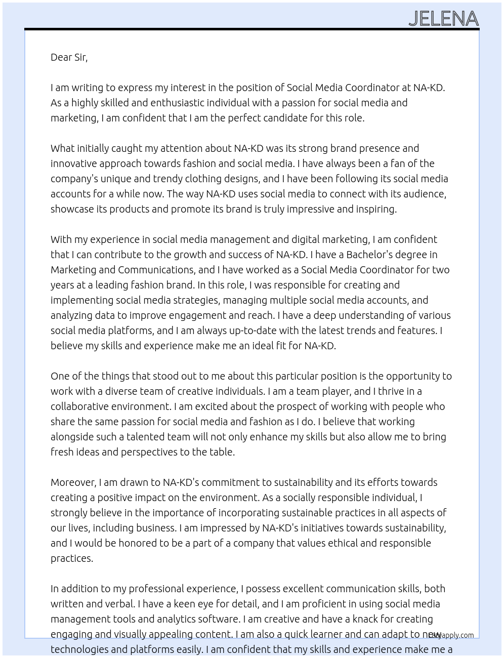 Social Media Coordinator At NA - KD Cover Letter