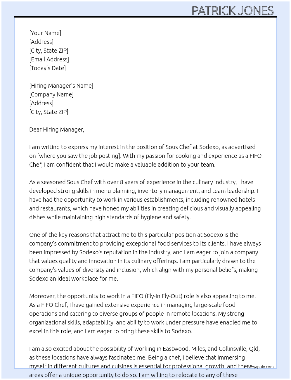 Sous Chef At Sodexo  Cover Letter