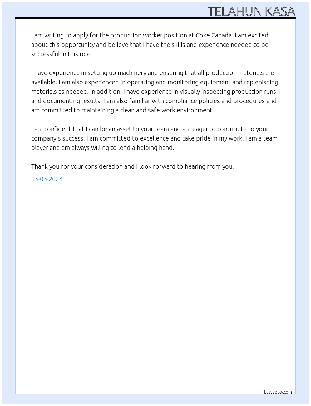 Production WOrker At Coke Canada Cover Letter