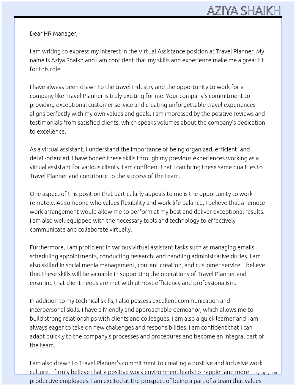 Virtual assistance At Travel planner Cover Letter