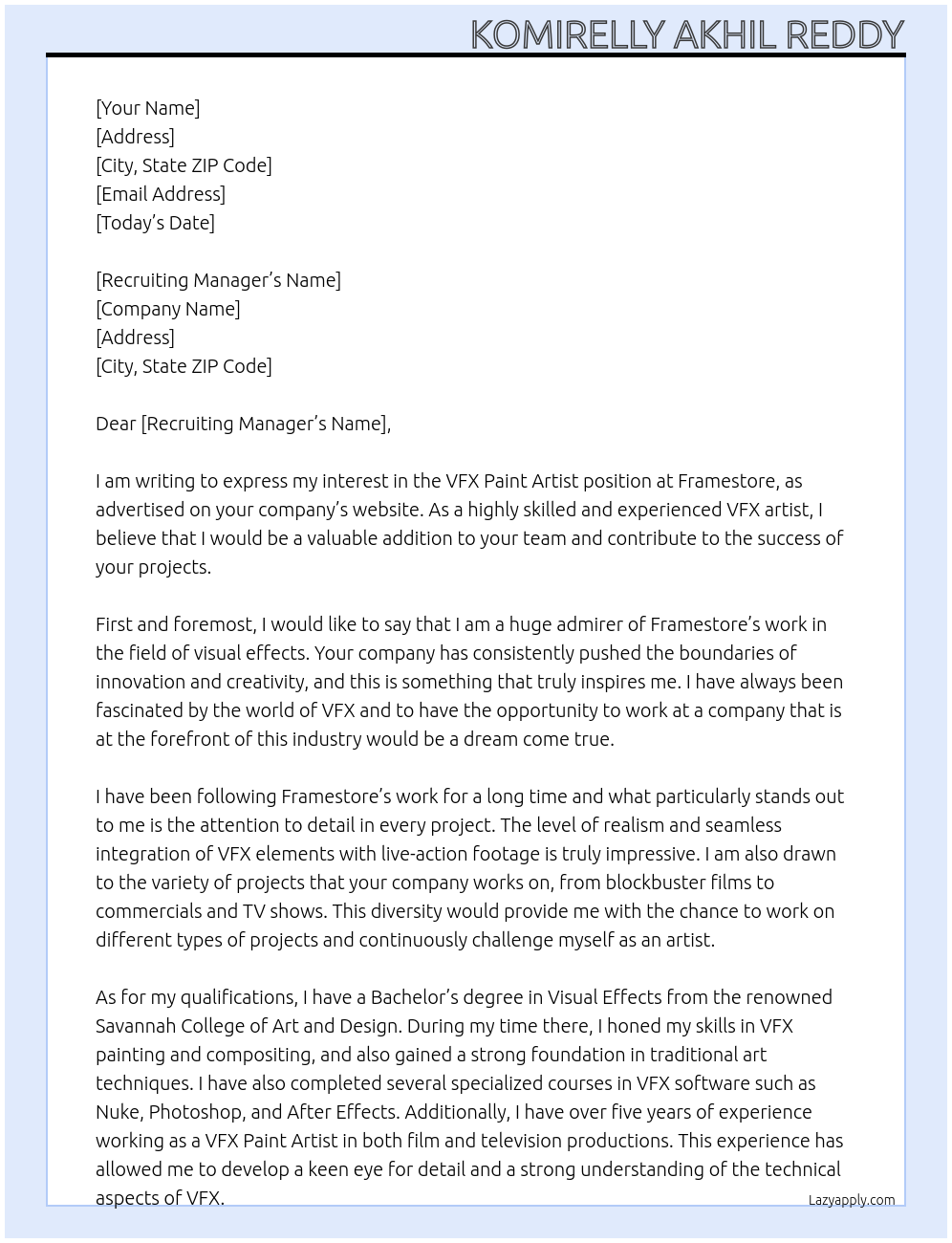 Vfx Paint Artist At Framestore Cover Letter