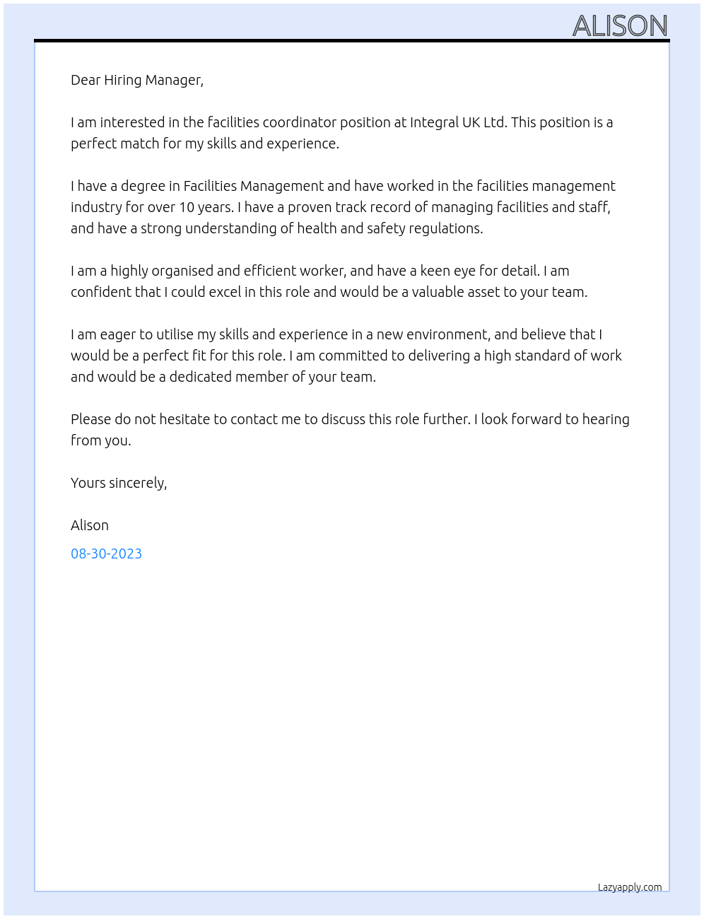 facilities Coordinator At Integral UK Ltd Cover Letter