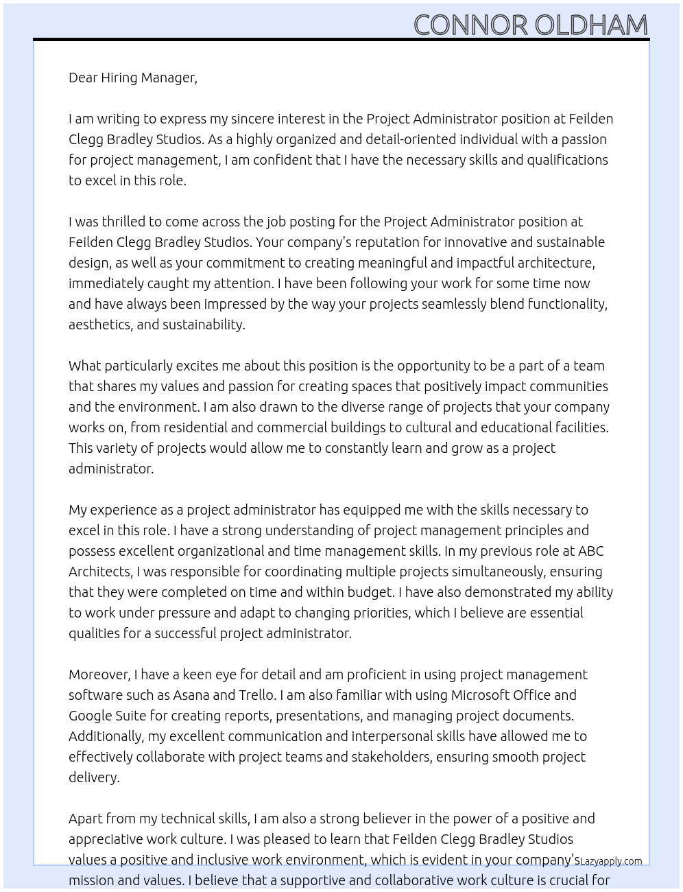 Project Administrator At Feilden Clegg Bradley Studios Cover Letter