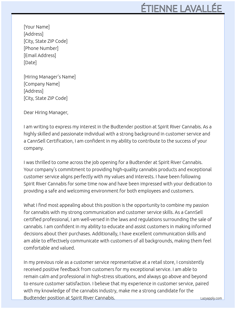 Budtender At Spirit River Cannabis Cover Letter