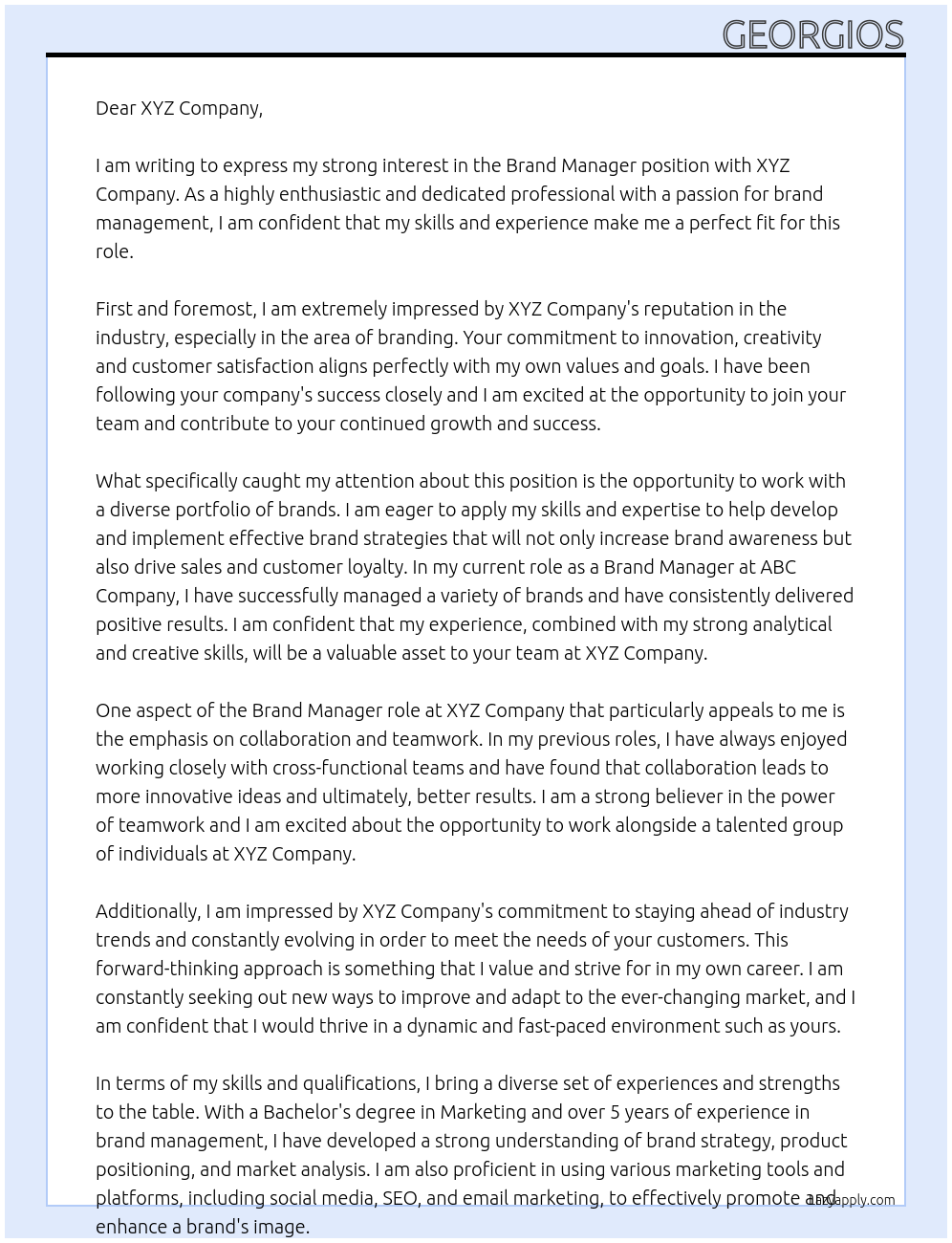 Brand Manager At XYZ Company Cover Letter