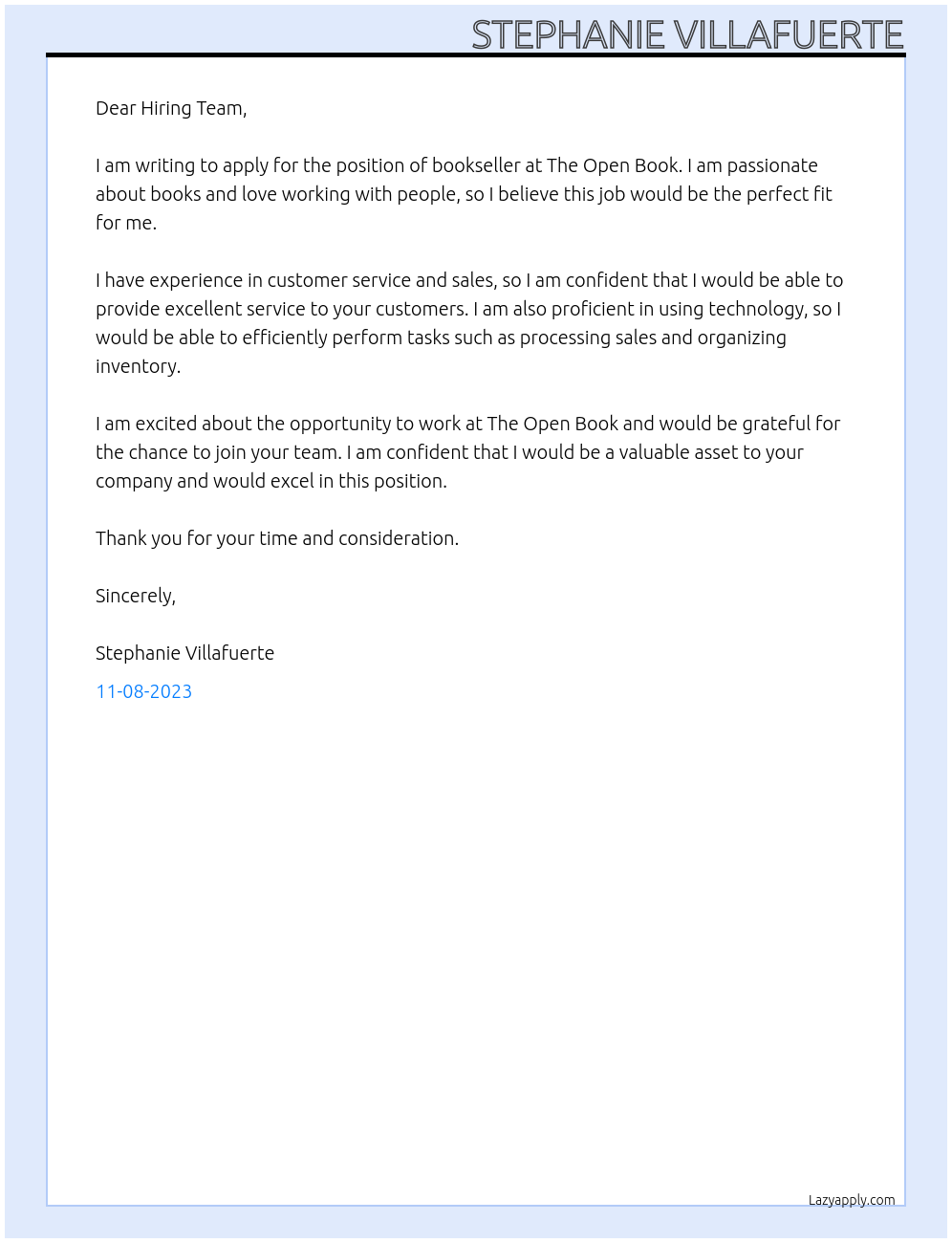 Bookseller At The Open Book Cover Letter