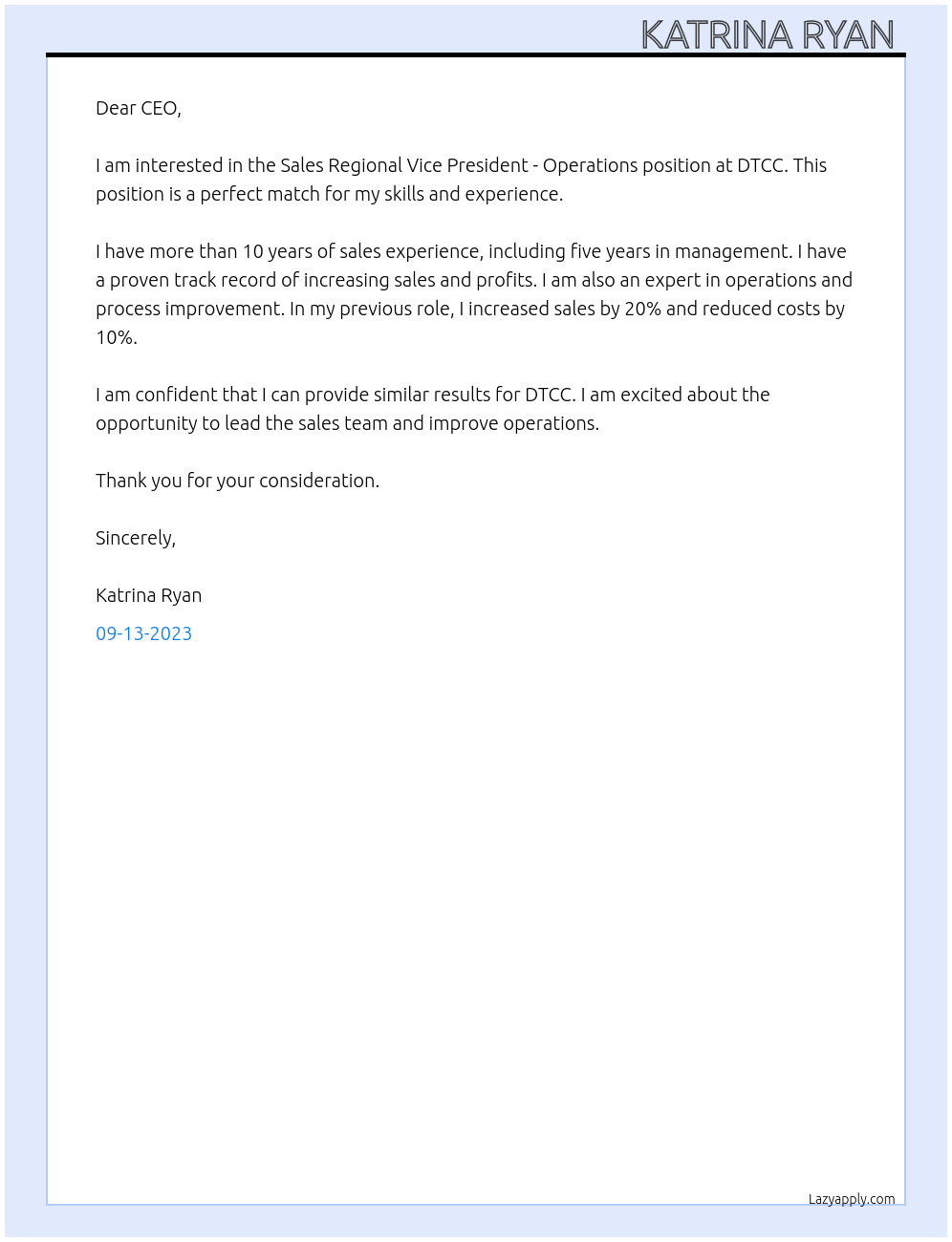 Sales Regional Vice President - Operations At DTCC Cover Letter