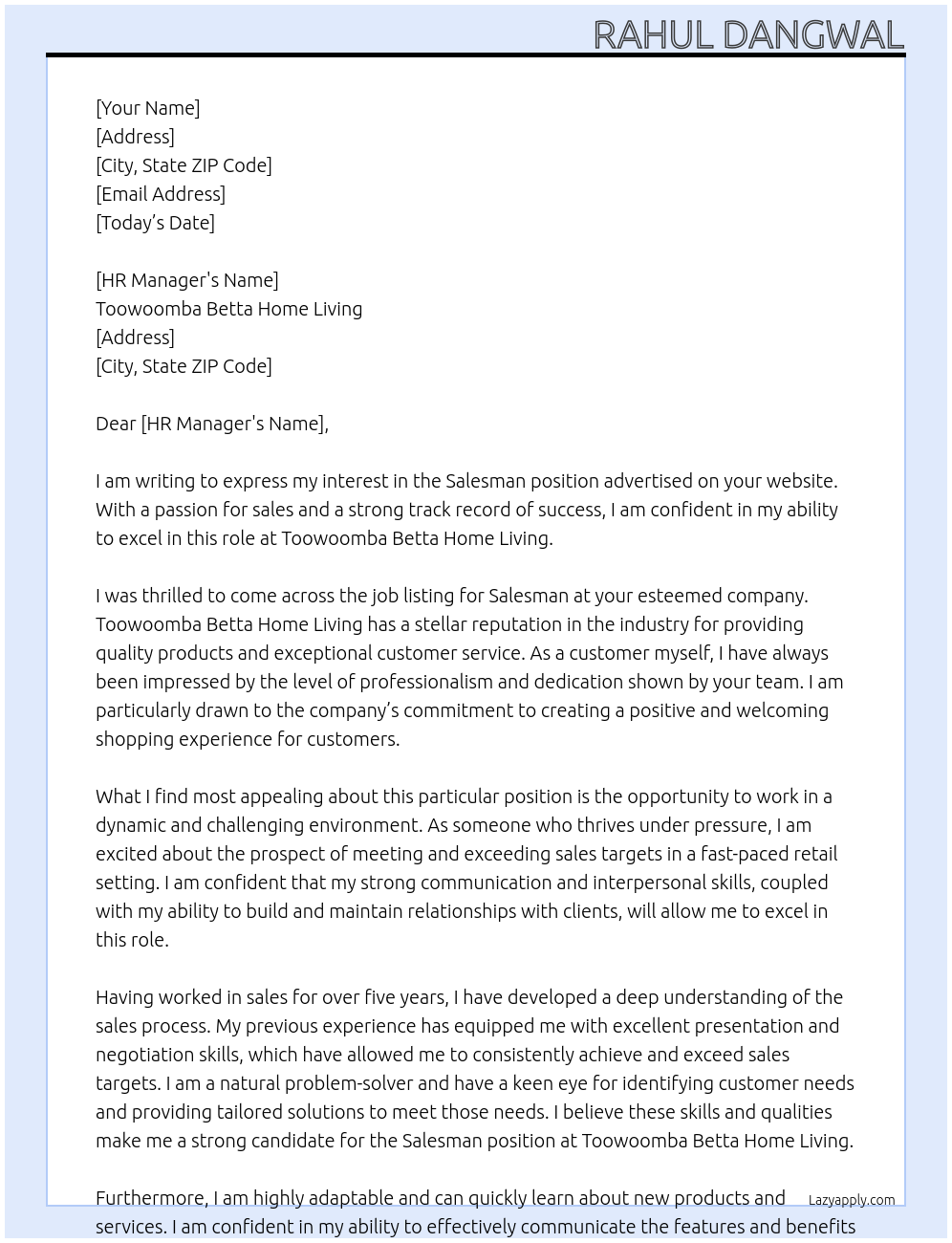 Salesman At Toowoomba Betta Home Living Cover Letter