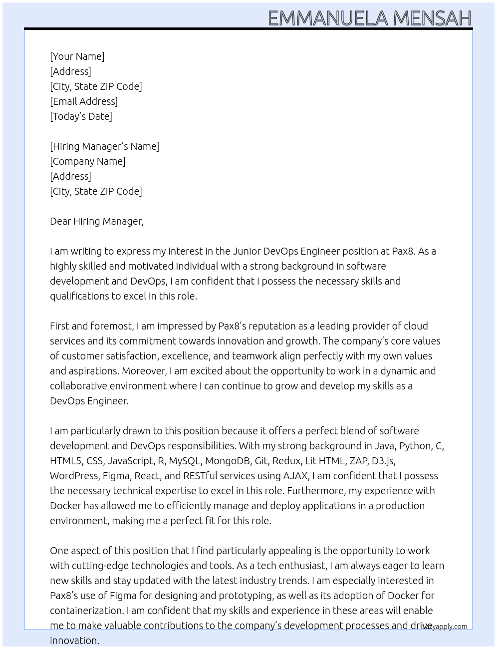 Junior DevOps Engineer At Pax8 Cover Letter