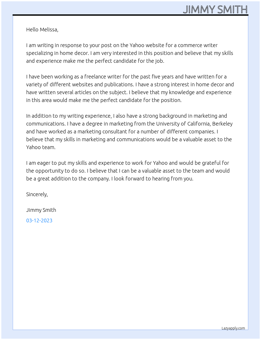 commerce writer specializing in home decor At yahoo Cover Letter