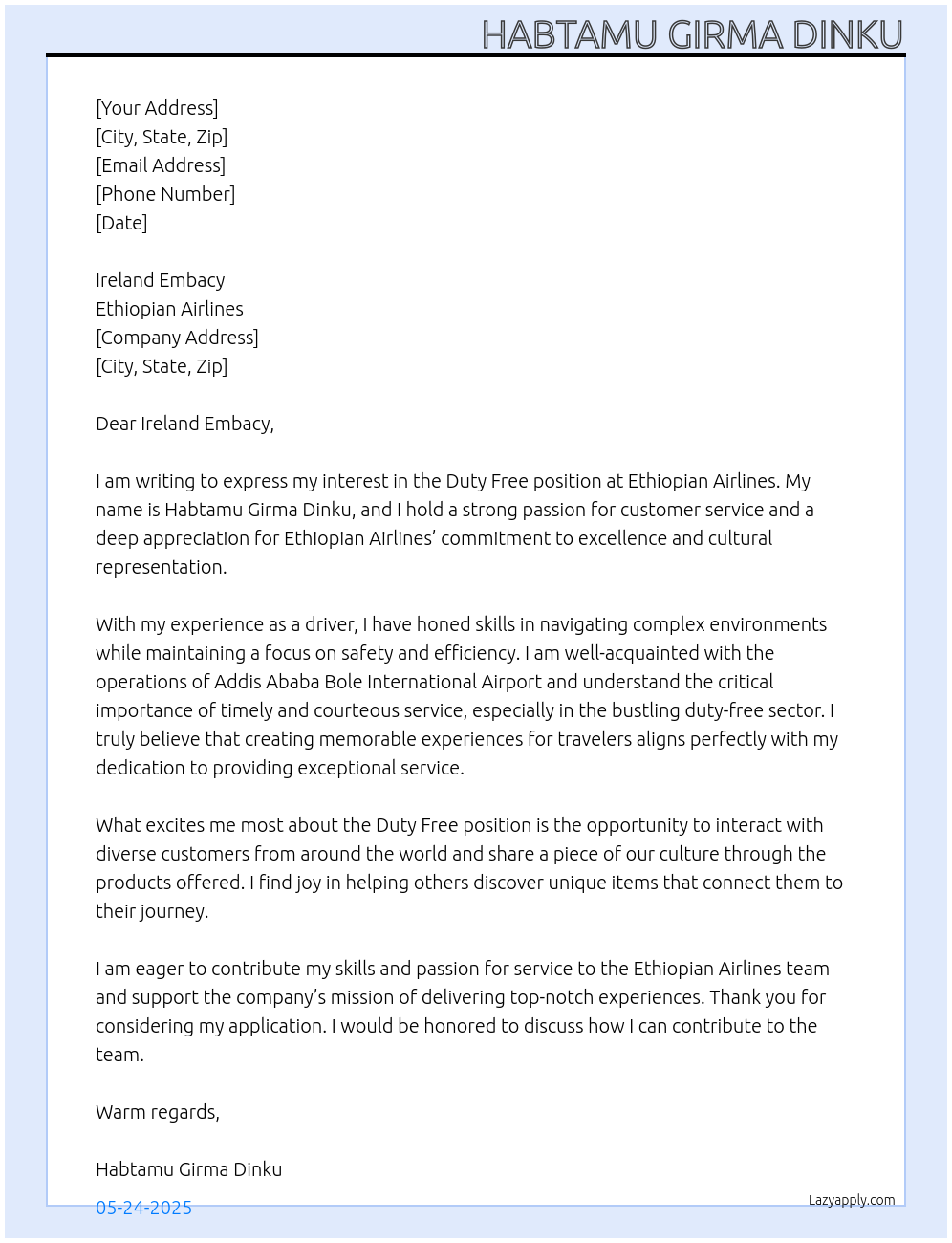 Duty free  At Ethiopian Airline Cover Letter