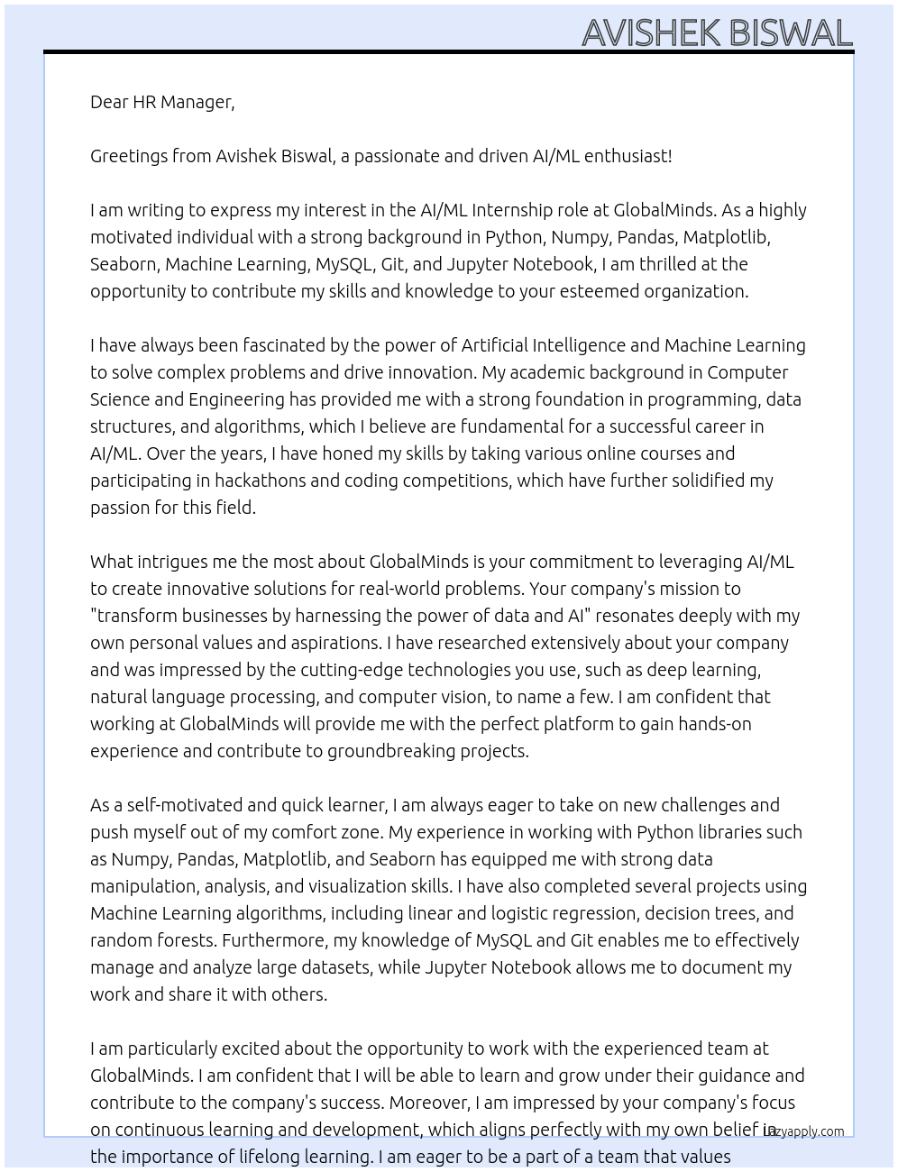 AI/ML Intern At GLOBALMINDS Cover Letter