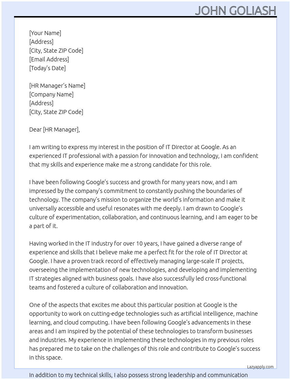 IT Director At Google Cover Letter