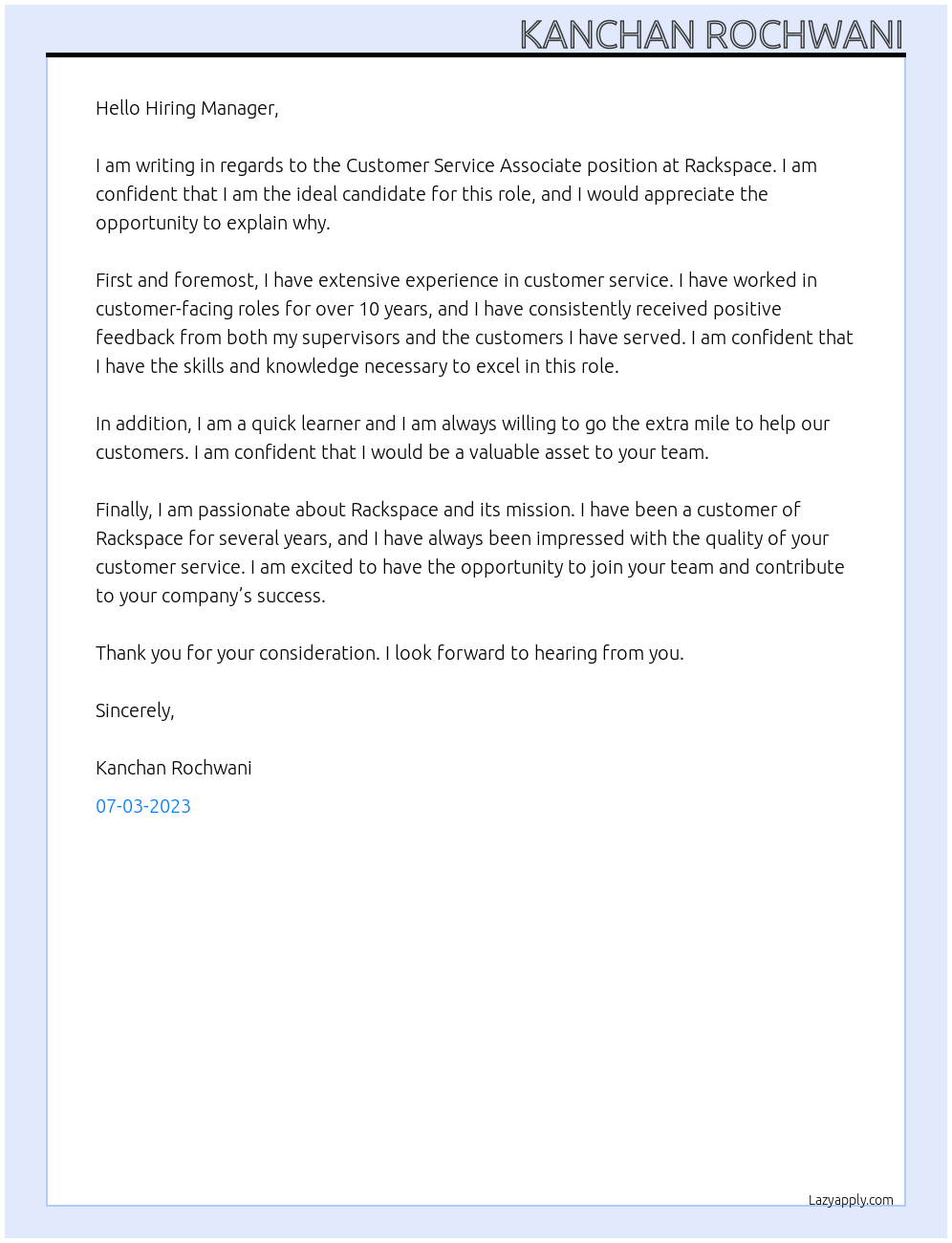 Customer service associate At Rackspace Cover Letter