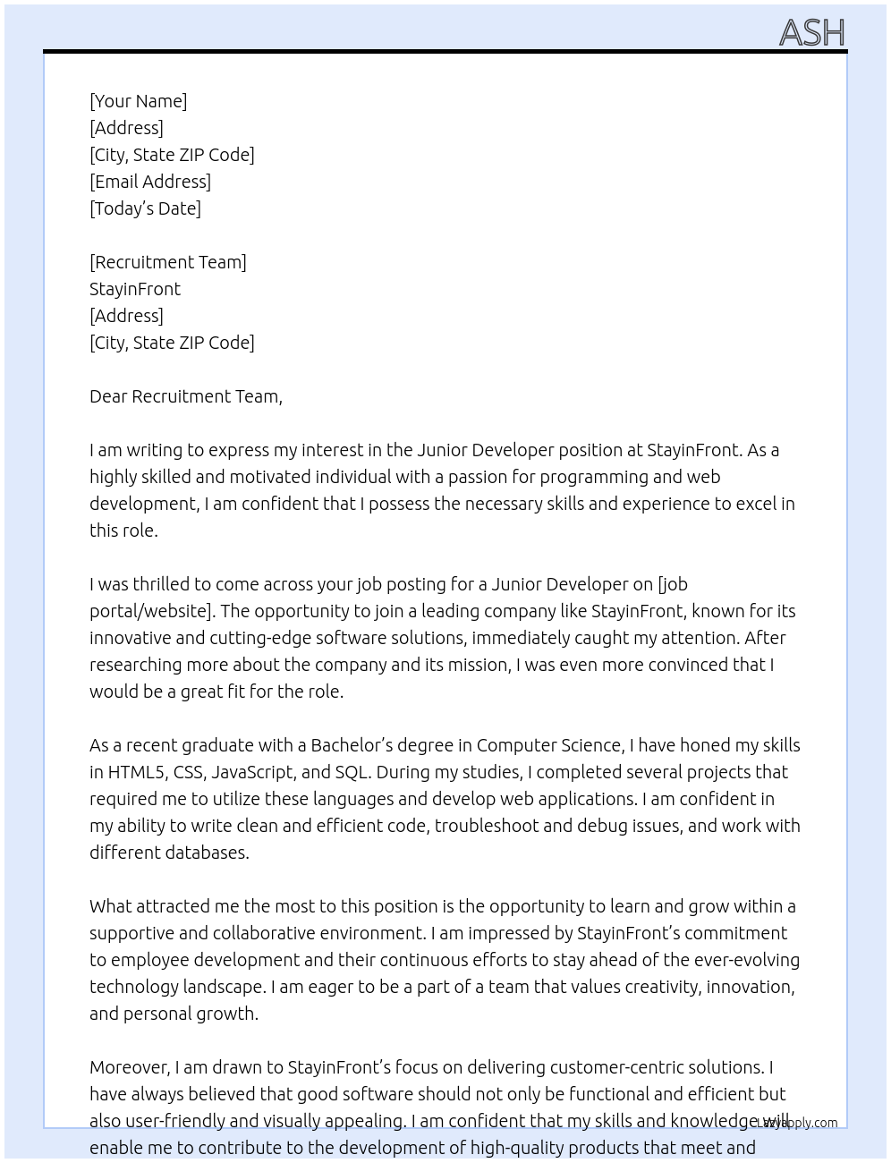 junior developer At StayinFront Cover Letter