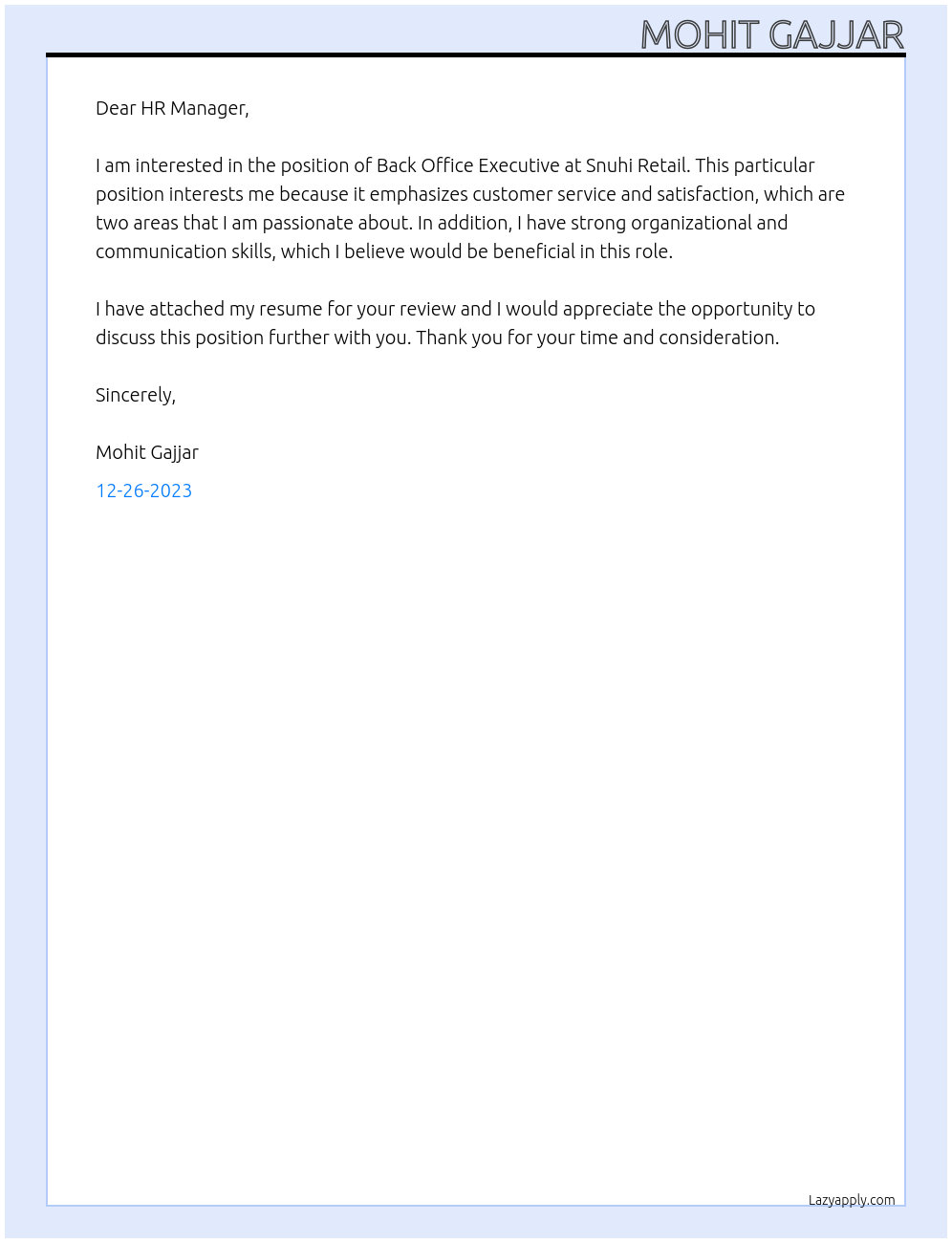 BACK OFFICE EXECUTIVE At Snuhi retail Cover Letter