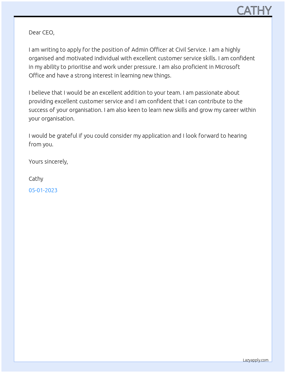 Admin Officer At Civil Service Cover Letter