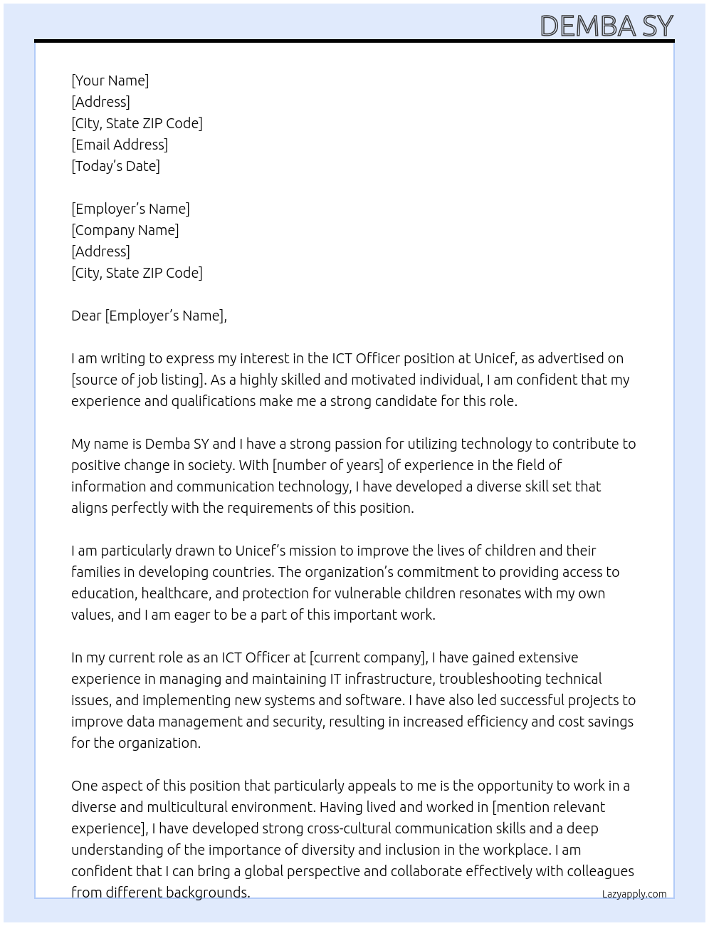ICT Officer At Unicef Cover Letter