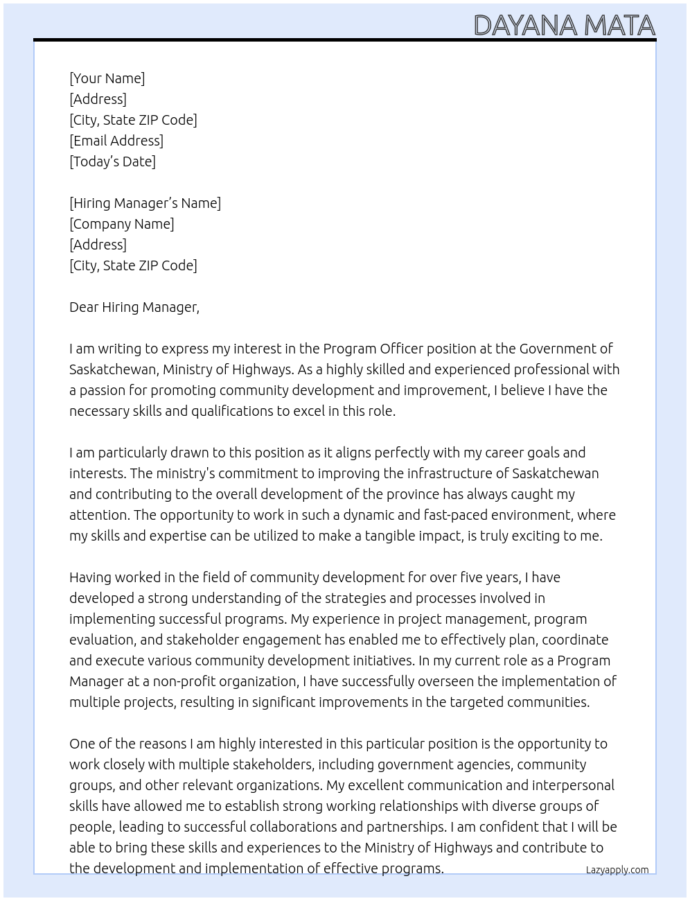 Program Officer At Government of Saskatchewan, Ministry of Highways Cover Letter