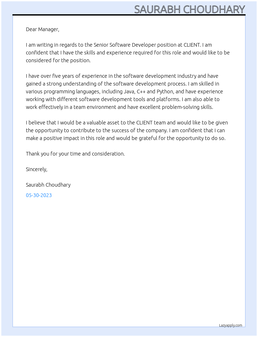 Senior Software Developer At CLIENT Cover Letter