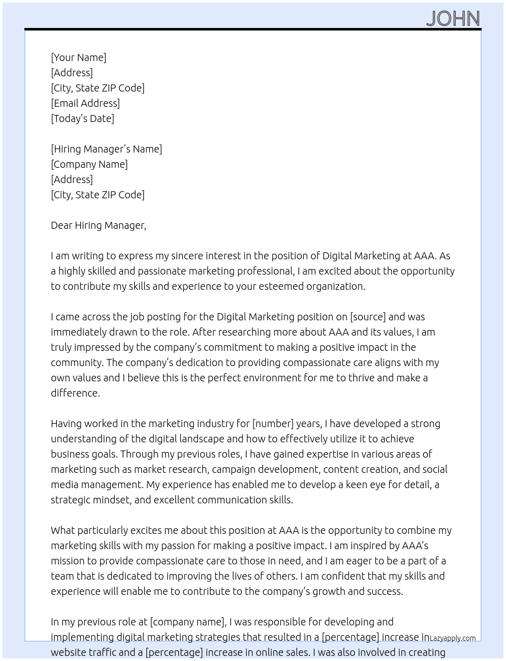 digital marketing At AAA Cover Letter