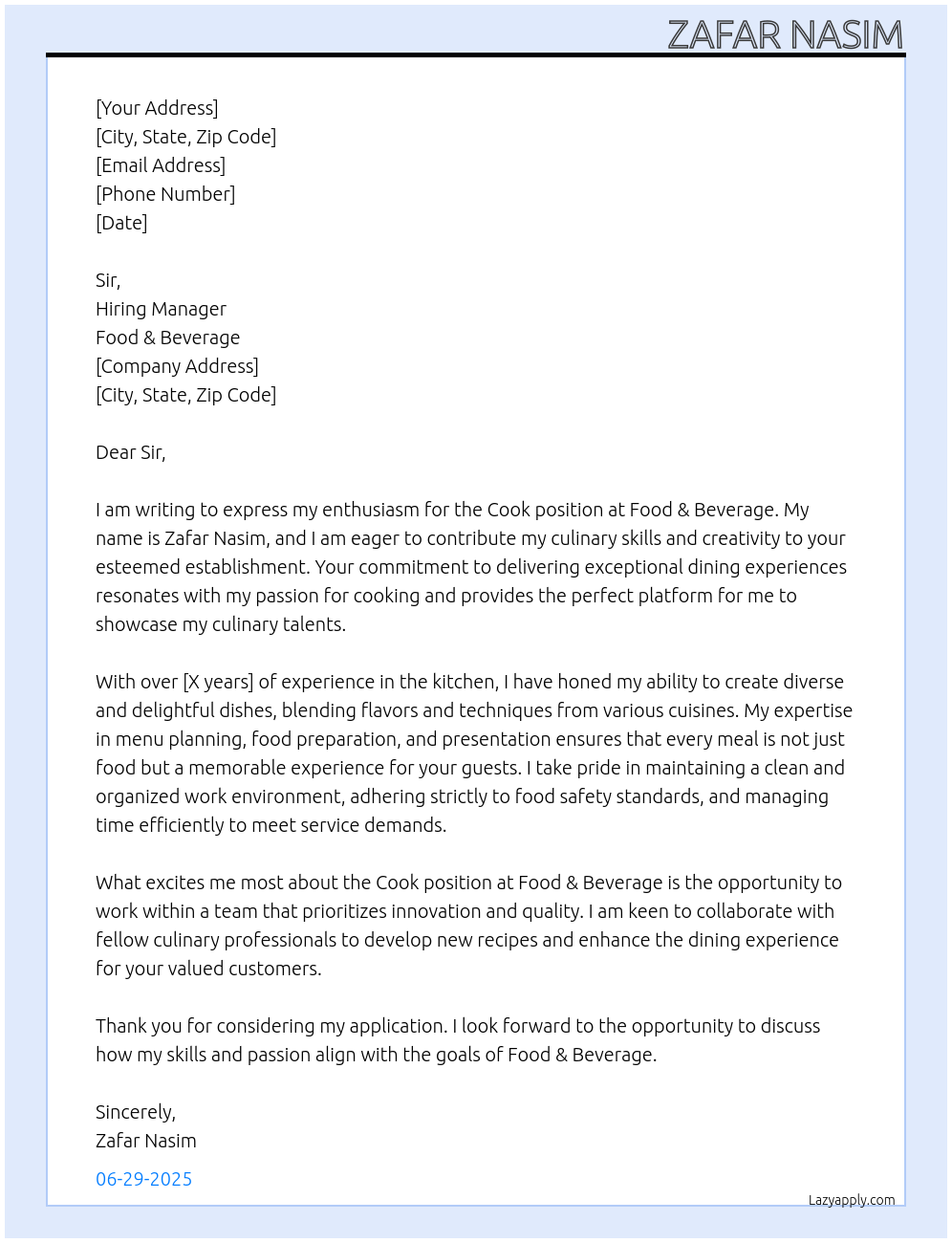 cook At Food & Beverage Cover Letter
