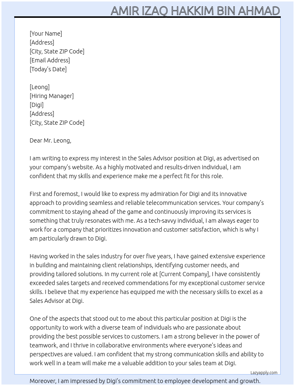 sales advisor At digi Cover Letter