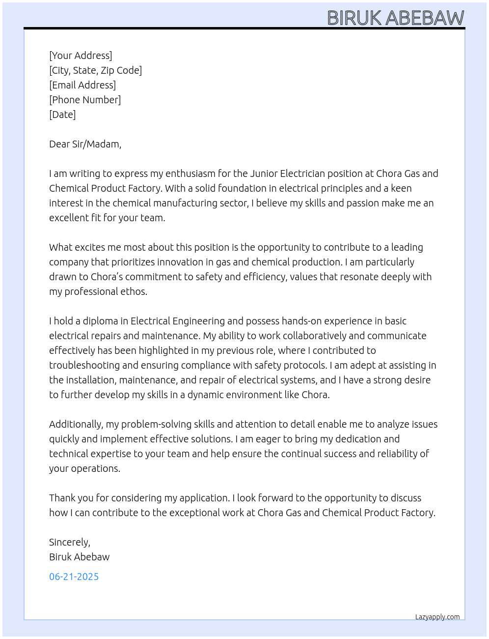 Cover letter for junior electrician - WhJbrLR1l3GEjYUNwfvc 